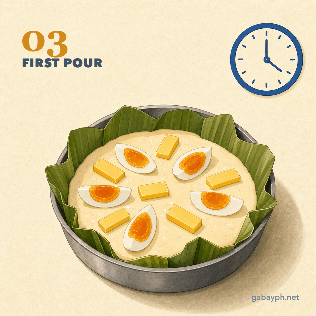 Step 3: Pour and add salted egg + cheese