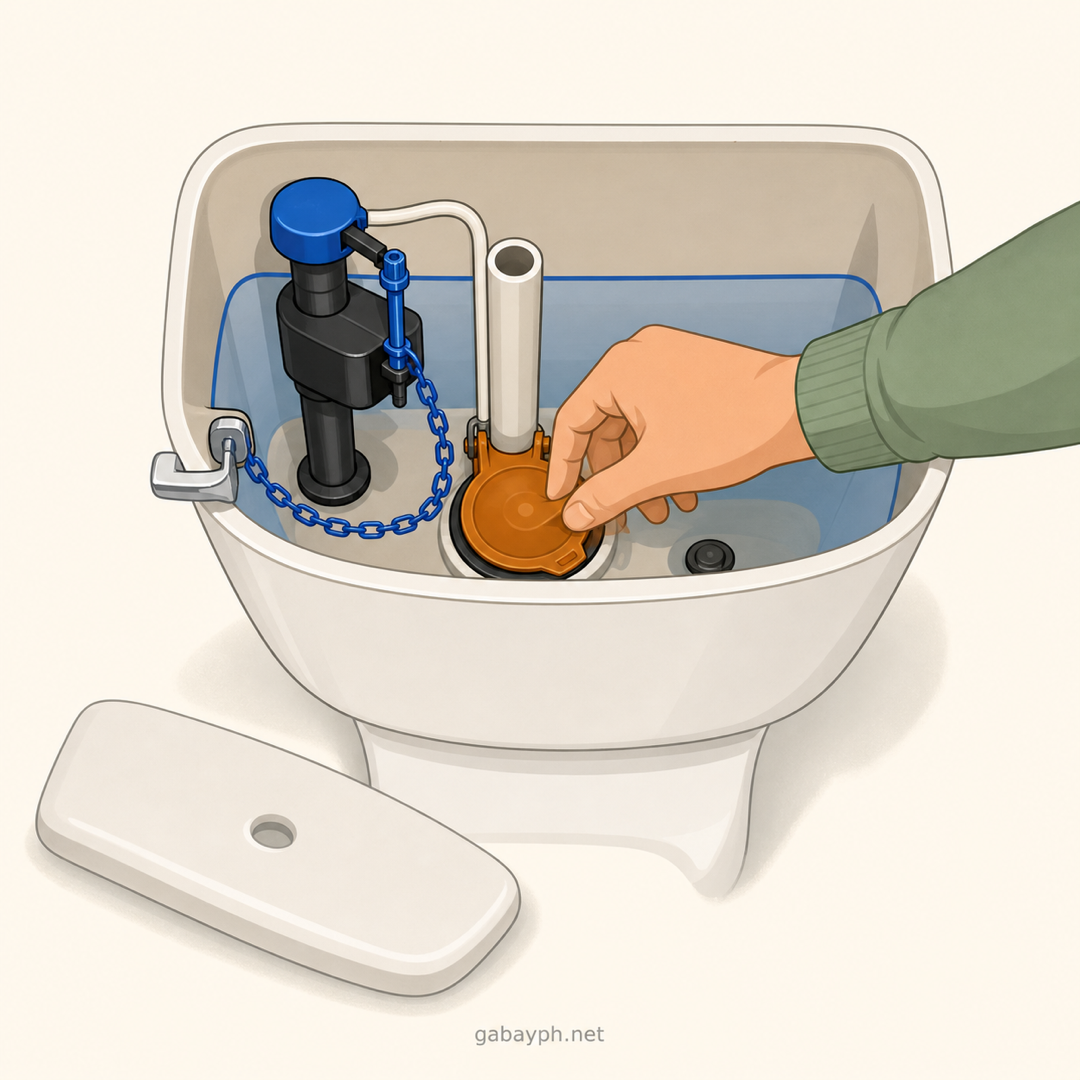 Open toilet tank showing the rubber flapper at the bottom
