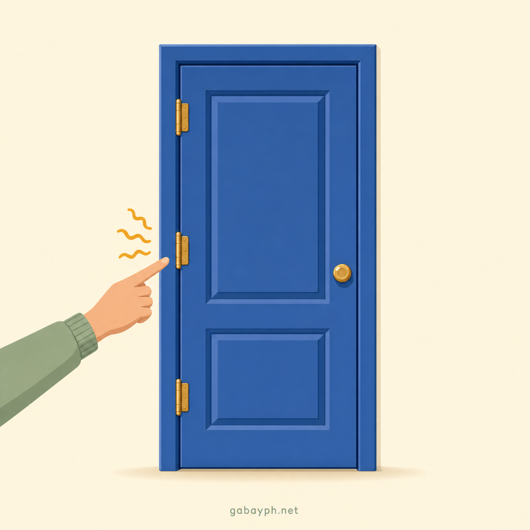 Door with three hinges, the squeaky middle one highlighted with a sound-wave squiggle