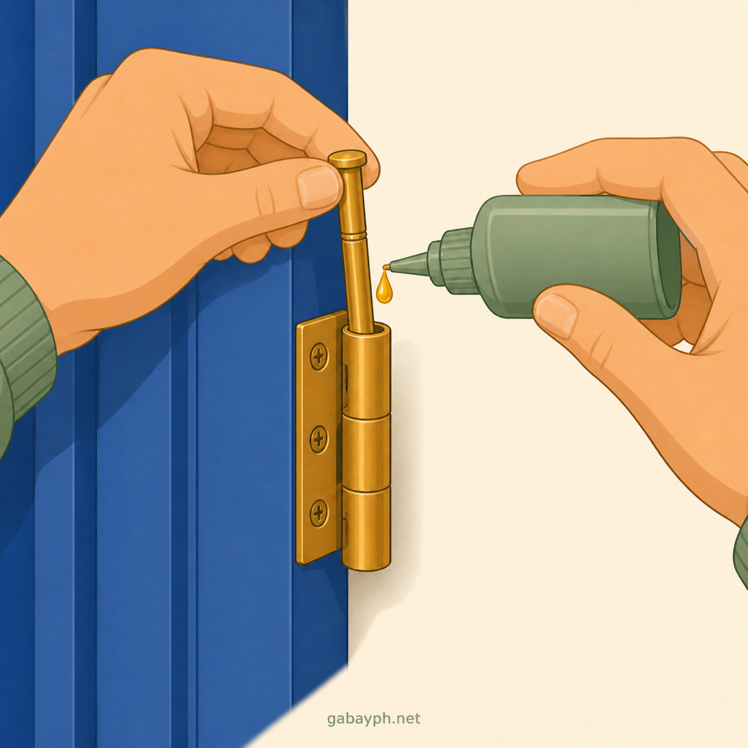 Bottle of oil applying a drop to the hinge pin