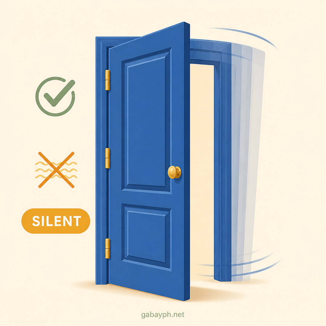 Door swinging silently — squeak crossed out with a green checkmark