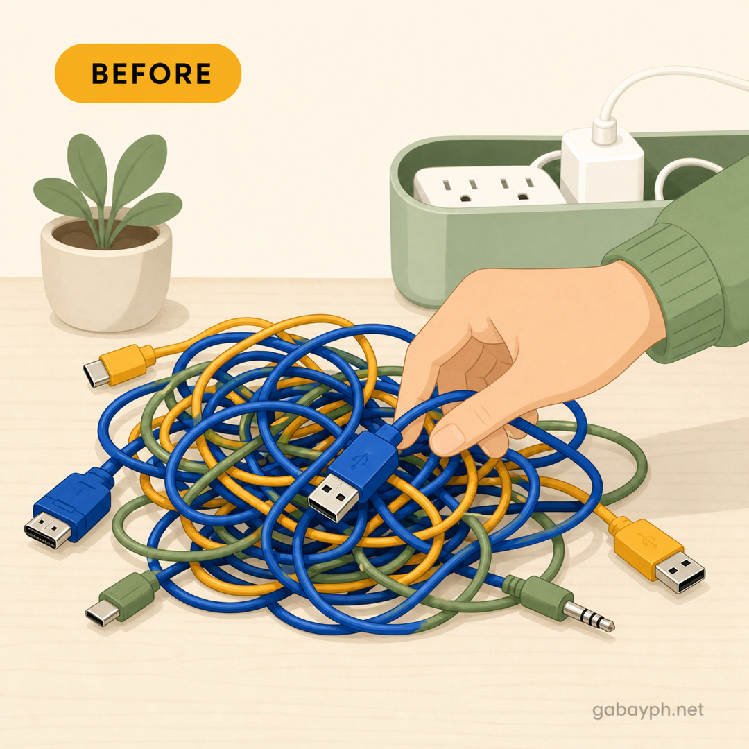 Tangled cables being unplugged and laid out for sorting