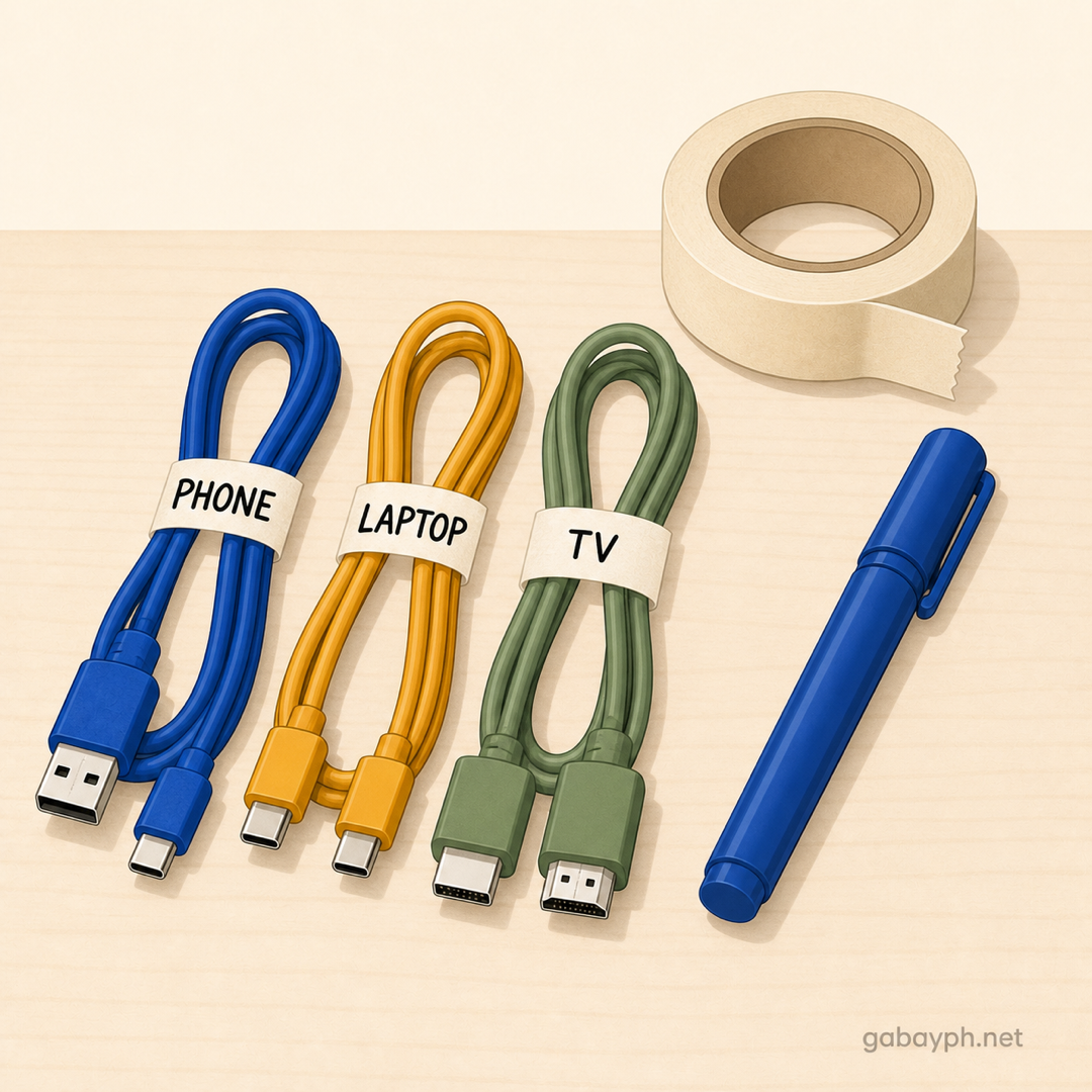 Masking tape labels on cables — phone, laptop, TV