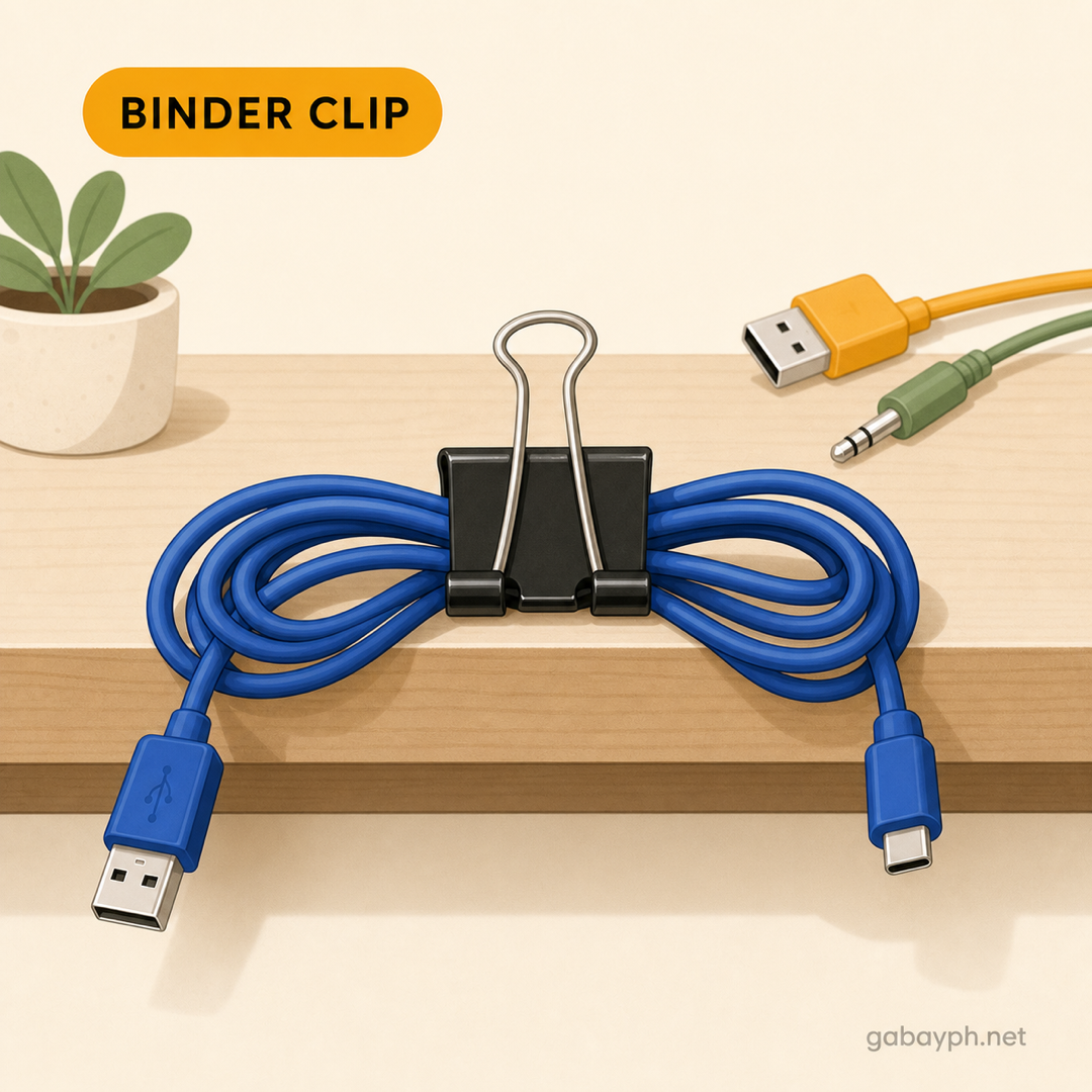 Binder clip holding a cable at the edge of a desk
