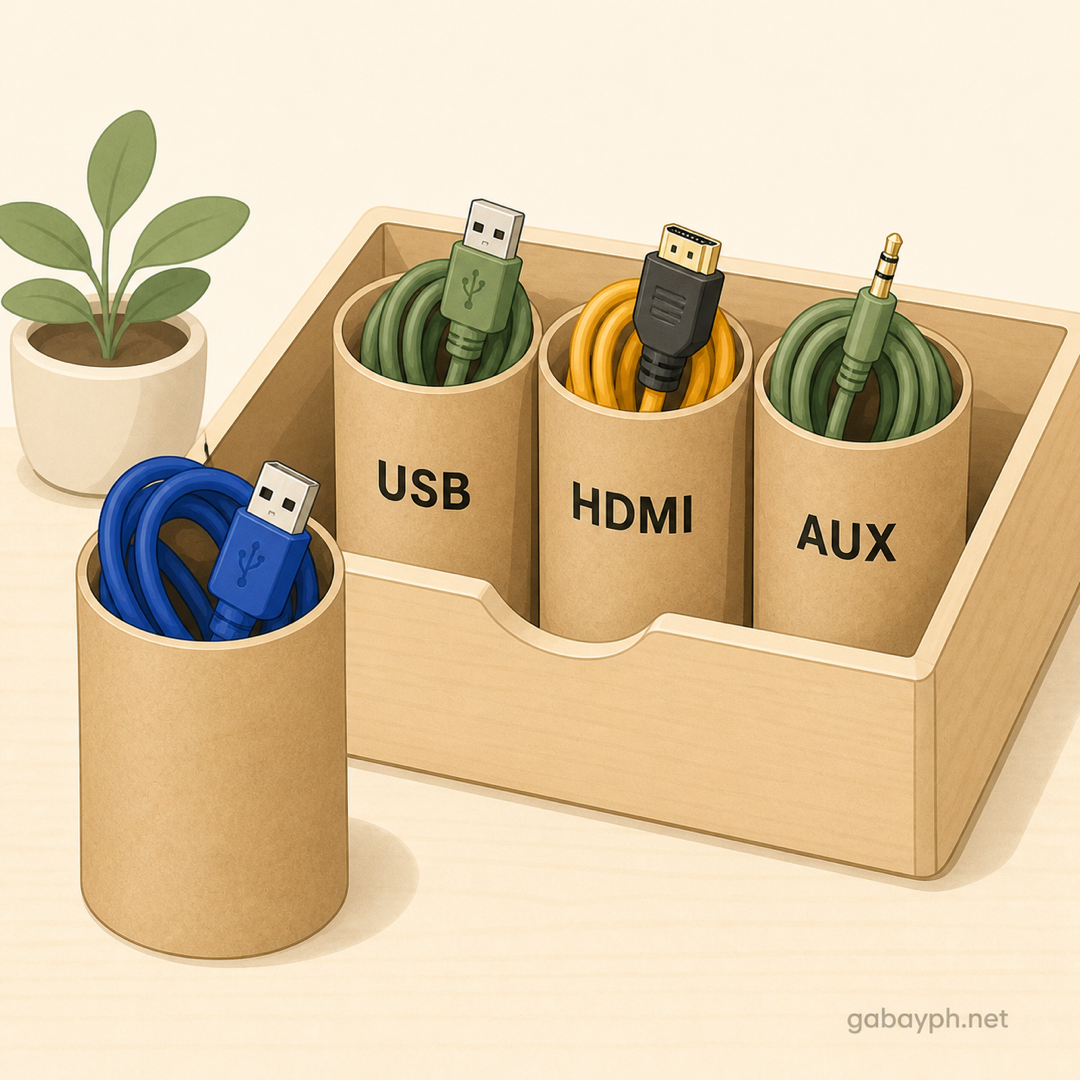 Coiled cables stored in upright toilet paper rolls labeled by type