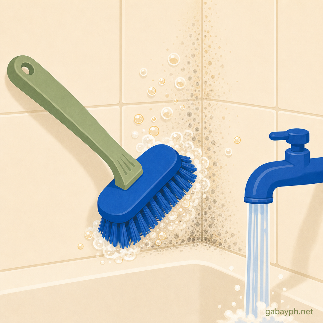 Scrub brush removing mold from tile grout with running water
