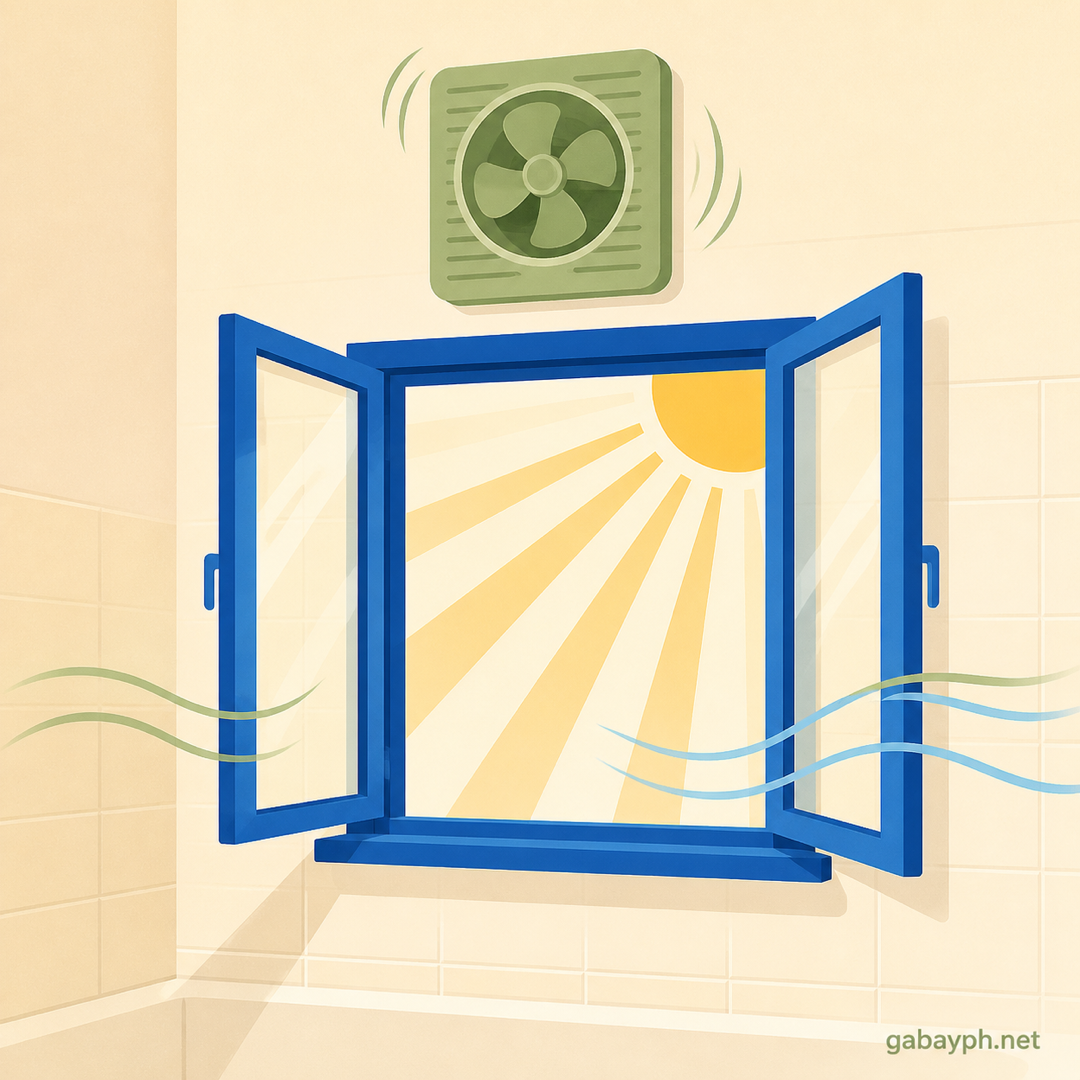 Open bathroom window with exhaust fan spinning to release moisture
