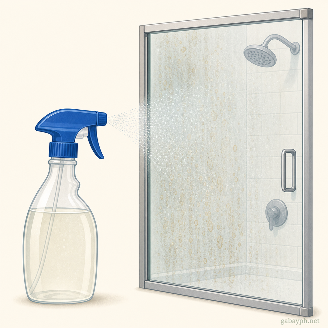 Spray bottle of vinegar misting onto cloudy water stains on glass