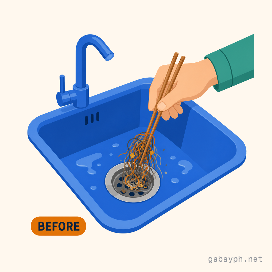 Hand using chopsticks to remove hair and gunk from a sink drain
