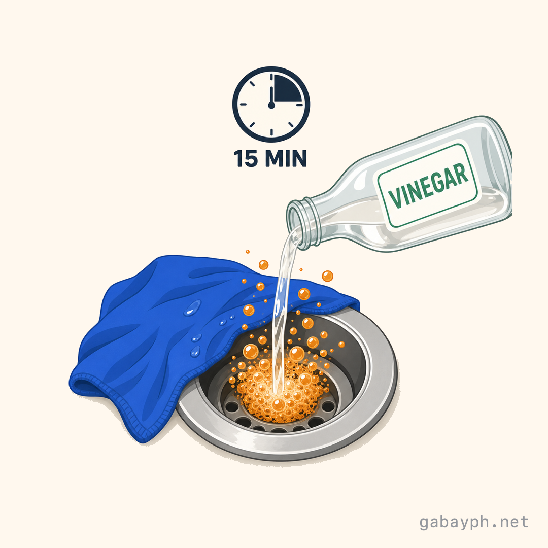 Vinegar being poured into the drain creating fizzing reaction with a wet rag covering