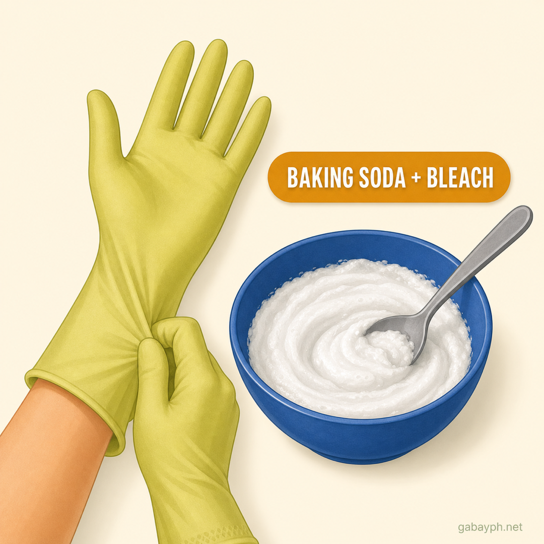 Gloves and a bowl of baking soda + bleach paste being mixed