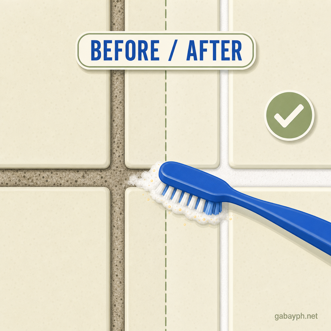 Before-after split showing dirty grey grout transformed to bright white