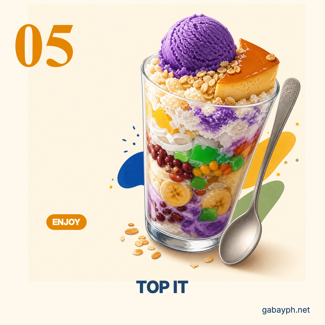 Step 5: Top with ube ice cream, leche flan, pinipig