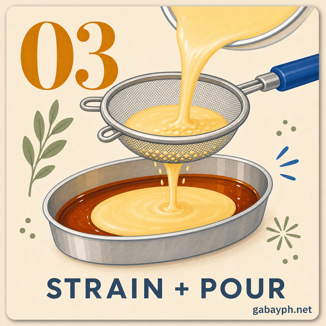 Step 3: Strain and pour into the caramel-coated mold