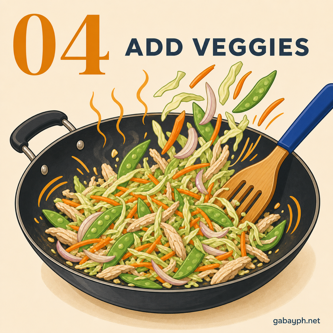 Step 4: Add vegetables — carrots, cabbage, snow peas