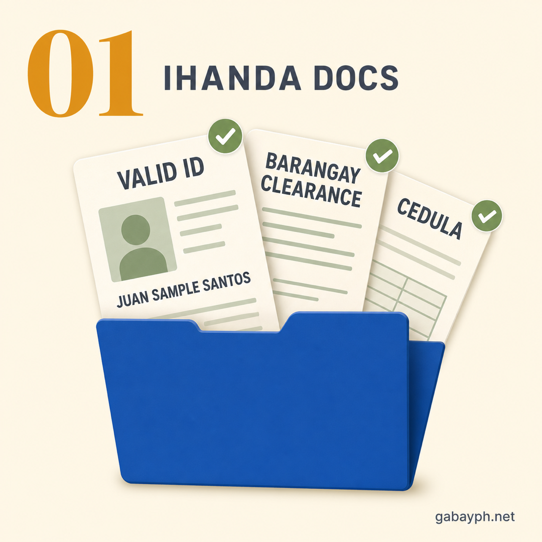 Step 1: Ihanda ang requirements — valid ID, barangay clearance, cedula