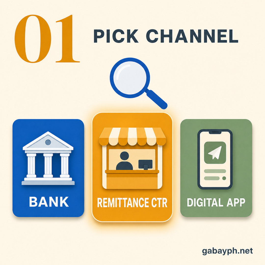 Step 1: Pumili ng channel — bank, remittance center, or app