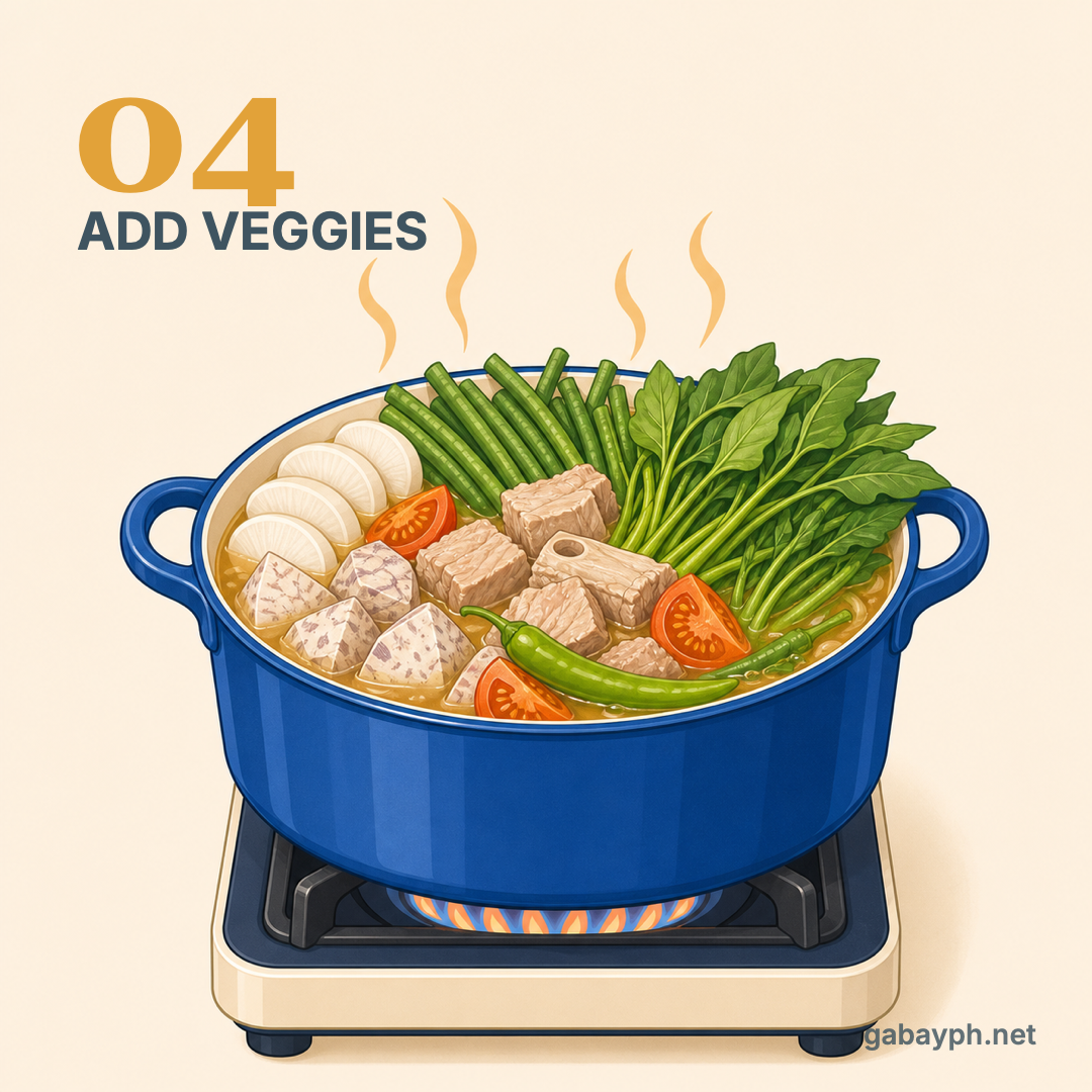 Step 4: Add vegetables — sitaw, gabi, kangkong, labanos