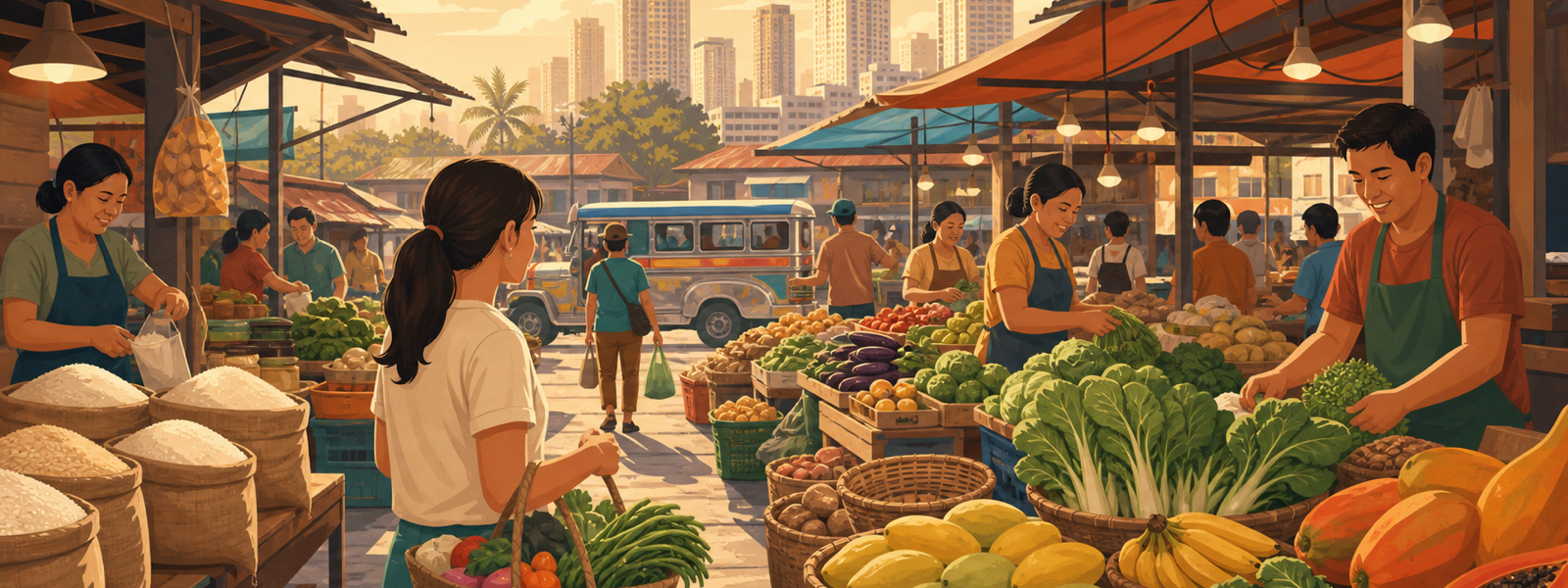 Busy market with produce and rice stalls