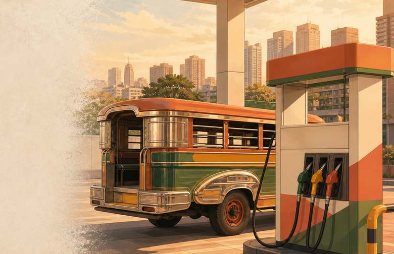 Jeepney parked beside a gas pump