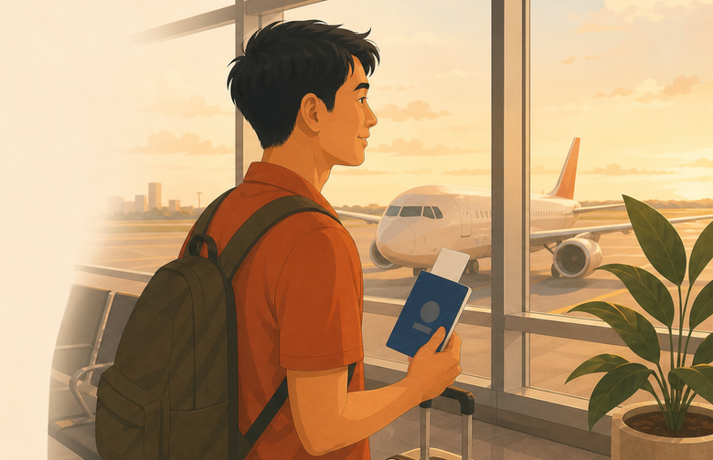 Filipino traveler at airport gate with passport